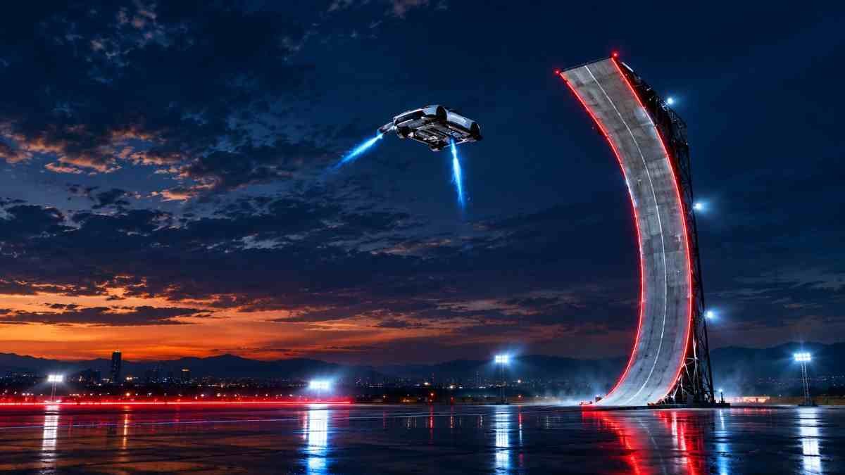 Tesla Roadster with SpaceX cold-gas thrusters on a curved ramp during the reveal event