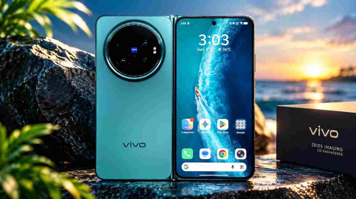 vivo X Fold6 foldable smartphone in Nebula Teal showing front and back with ZEISS camera module