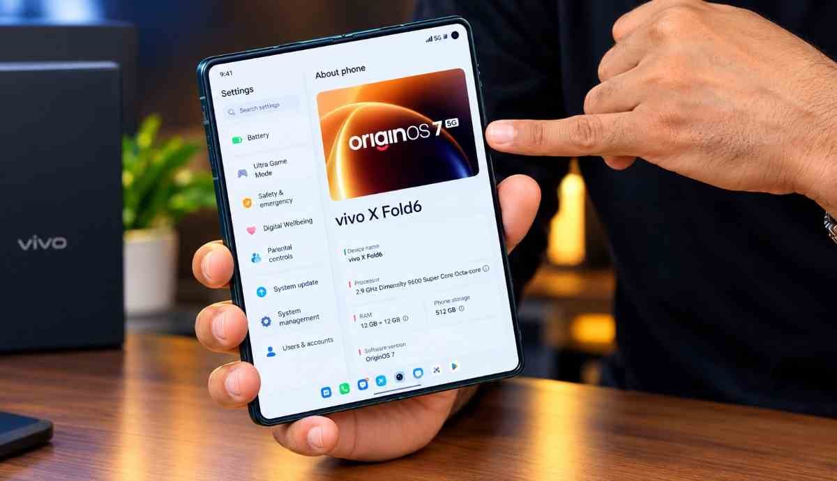 vivo X Fold6 About Phone screen showing OriginOS 7 Fold software version on Android 17
